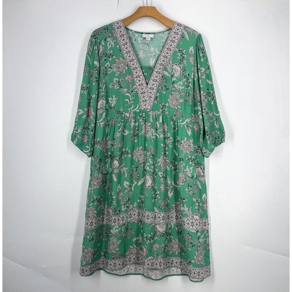 J. Jill Green Floral Paisley V-Neck Empire Waist 3/4 Sleeve Dress Small